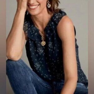 NWT - CAbi Ever Top Navy Floral Sleeveless Halter-Style Top w/Ruffled Neck